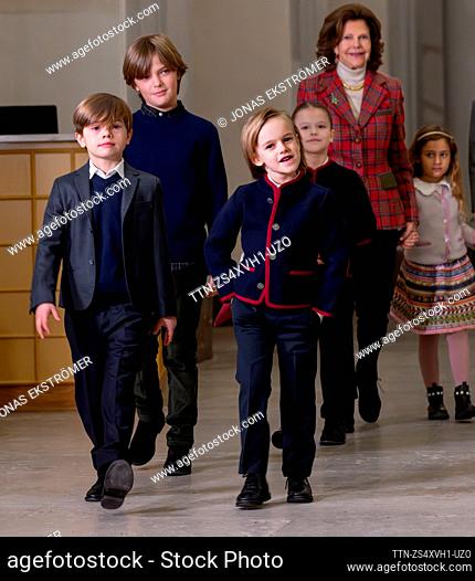Queen Silvia was joined by her grandchildren: Prince Oscar, Prince Nicolas, Prince Gabriel, Prince Alexander and Princess Adrienne when they received and...