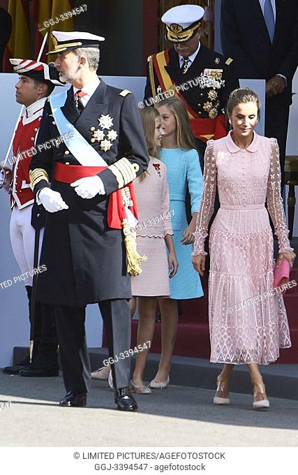 King Felipe VI of Spain, Queen Letizia of Spain, Crown Princess Leonor, Princess Sofia attends National Day military parade on October 12, 2019 in Madrid, Spain
