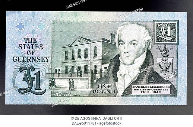 1 pound banknote, 1980-1989, reverse, Daniel De Lisle Brock (1762-1842) and the Royal Court in St Peter Port. Guernsey, 20th century