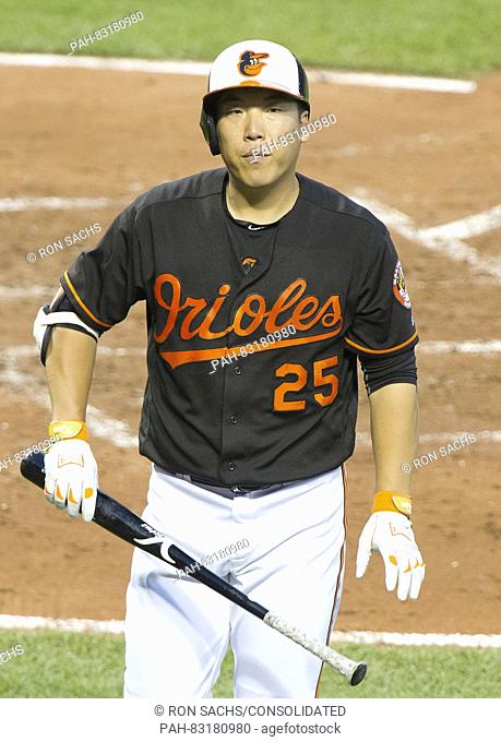 Baltimore Orioles left fielder Hyun Soo Kim (25) returns to the dugout after striking out in the second inning against the Houston Astros at Oriole Park at...
