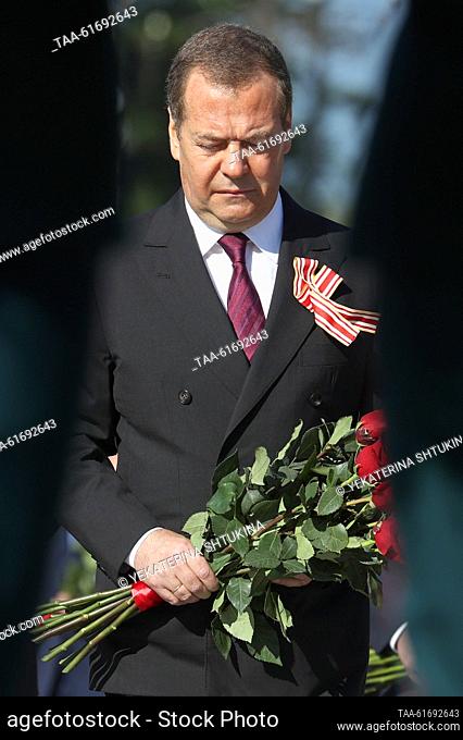 RUSSIA, YUZHNO-SAKHALINSK - SEPTEMBER 3, 2023: Russian Security Council Deputy Chairman, United Russia Party Chairman Dmitry Medvedev lays flowers at the...