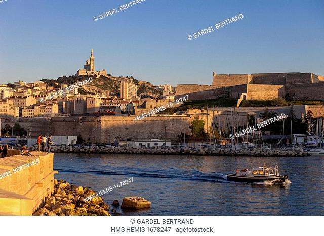 France, Bouches du Rhone, Marseille, Vieux Port, and Notre-Dame de la Garde