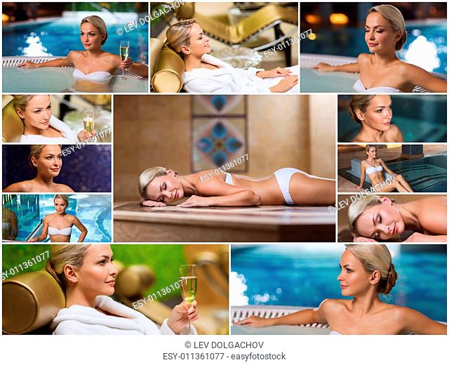 beauty, spa, healthy lifestyle concept - beautiful young woman relaxing at luxury spa with hammam sauna and swimming pool