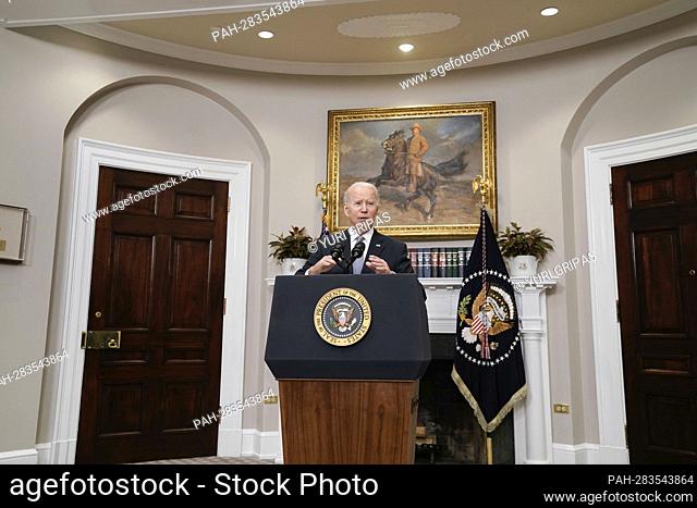 United States President Joe Biden delivers remarks on Ukraine in the Roosevelt Room of the White House in Washington, DC, USA on Thursday, April 21, 2022