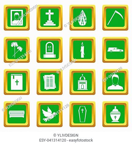 Funeral icons set in green color isolated illustration for web and any design