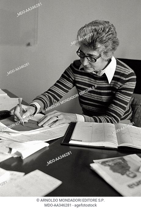 Susanna Agnelli mayor of Monte Argentario. Susanna Agnelli photographed at her desk as mayor of Monte Argentario, assigment that she had one year ago; with...