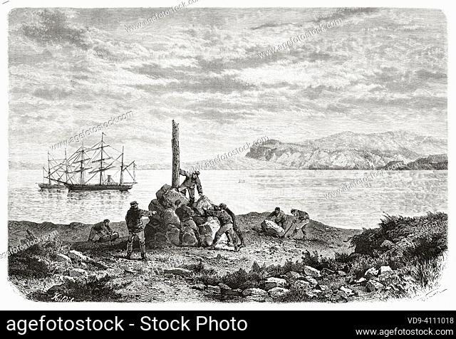 Construction of a signpost on Cape Chelyuskin. Arctic, Russia. The Voyage of La Vega through Asia and Europe by Adolf Erik Nordenskiold 1879-1880