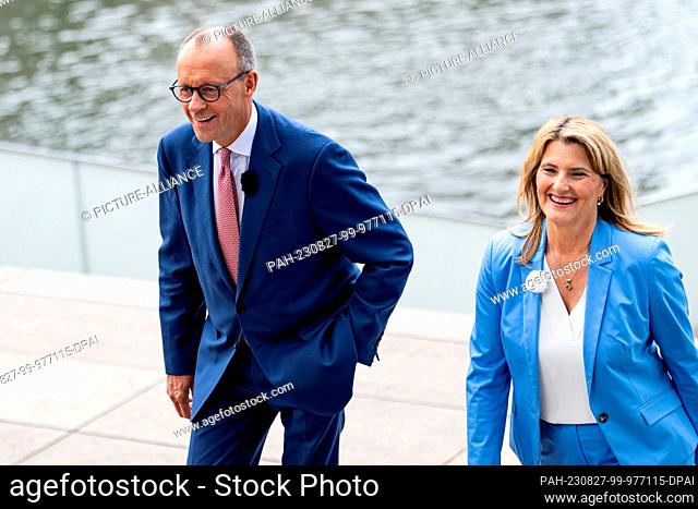 27 August 2023, Berlin: Friedrich Merz (CDU), party leader, takes part in the recording of the ARD summer interview in the ""Report from Berlin"" with Tina...