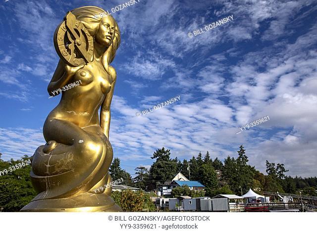 Ganges Harbour Mermaid - Bronze mermaid statue named ""Nerissa"" by artist: Thomas Richard McPhee - Salt Spring Island, British Columbia, Canada