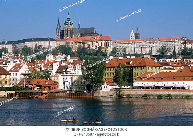 Castle district, Vltava river, fishermen. Prague. Czech republic