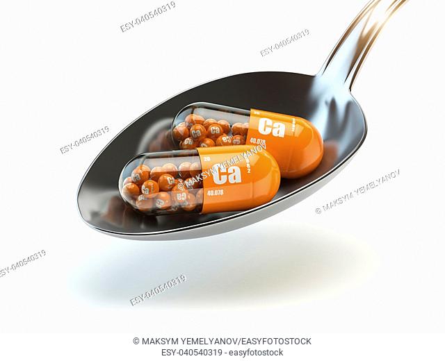 Pills with calcio calcium CA element in the spoon. Dietary supplements. Vitamin capsules. 3d illustration
