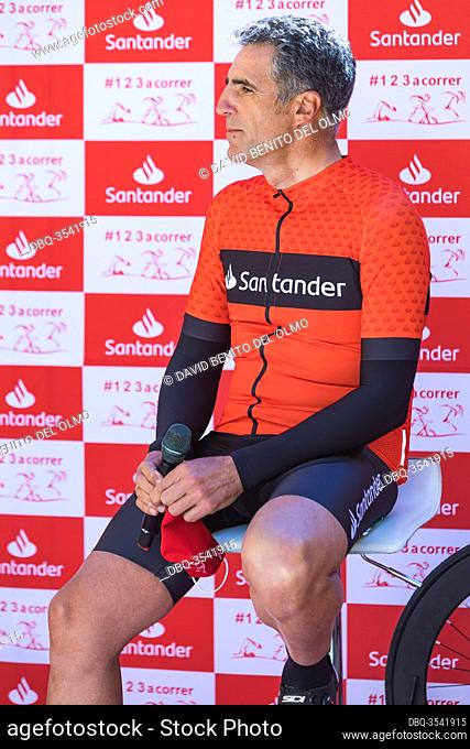 Ex-cyclist Miguel during the press conference before celebrating the race in Madrid, Spain Jun 13, 2020. The former Tour de France winner cyclist competes in a...