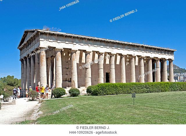 Europe, Greece, Athens, temple, Hephaistos, Theseion, 430 bc, trees, architecture, rock, cliff, building, construction, person, museum, persons, plants, ruins