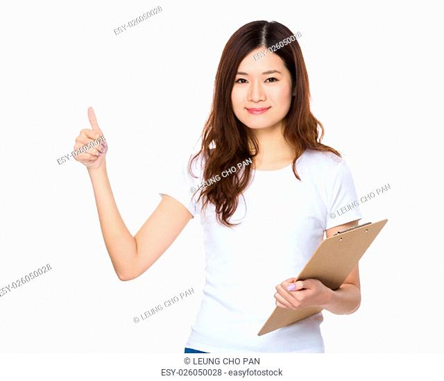 Young Woman hold with clipboard and thumb up