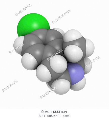 Lorcaserin obesity drug, molecular model. Atoms are represented as spheres and are colour-coded: hydrogen white, carbon grey, nitrogen blue and chlorine green
