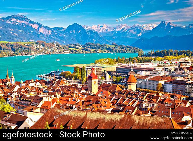 Lake Luzern and Lucerne cityscape with Alps background, central Switzerland