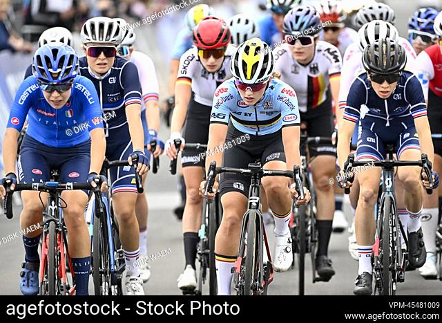Belgian Fleur Moors pictured in action during the Junior women road race at the UCI Road World Championships Cycling 2022, in Wollongong, Australia