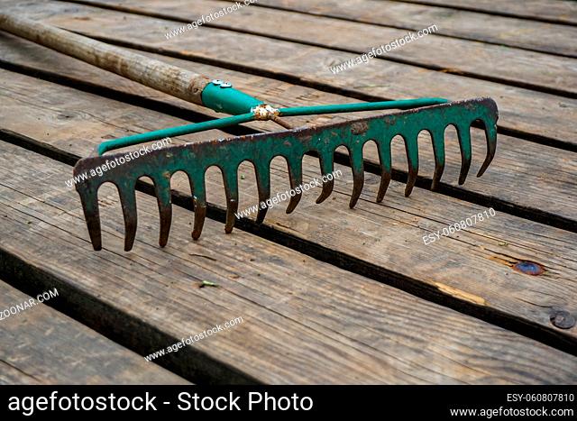 Old rake on the background of the wooden planks. Rake on the wooden plank floor