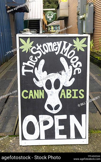 Sign for the Stoney Moose Cannabis Shop on historic Creek Street in Ketchikan, Alaska, USA