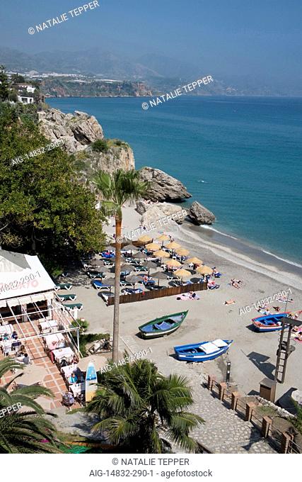View of the beach from the Balcon de Europa, Nerja, Andalucia, Spain