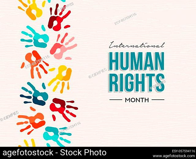 International Human Rights day illustration for global equality and peace with colorful people hand prints, social diversity concept