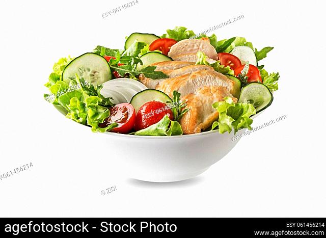Fresh green salad with chicken breast and tomato isolated on white background