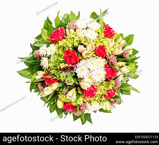 Bouquet of flowers top view on white background