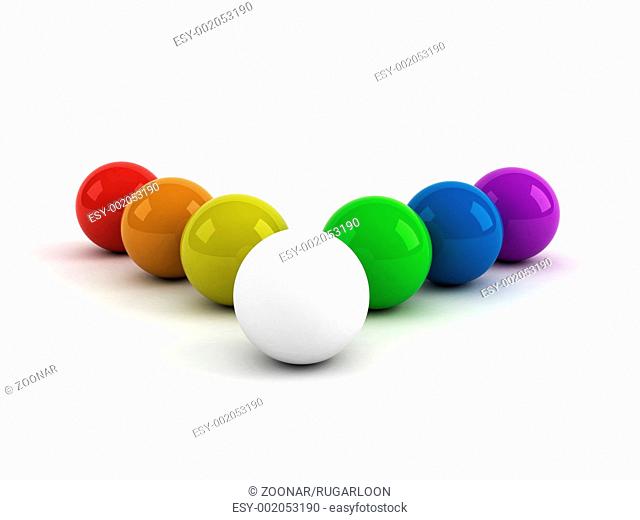 rainbow colored balls and one white