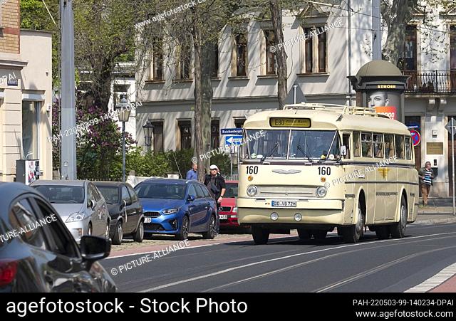 03 May 2022, Saxony, Dresden: An ""Ikarus 66"" bus pulls up to a stop. The bus was built in the Hungarian Ikarus factories in 1972