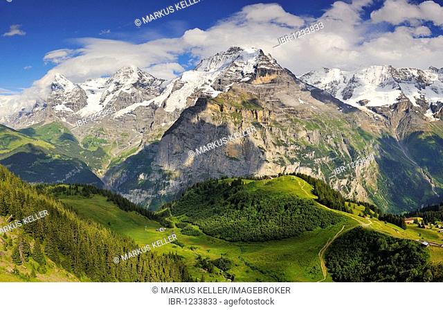 View to Mt. Allmendhubel and to the Bernese Alps with the Eiger, Moench and Jungfrau mountains, Bern Canton, Switzerland, Europe