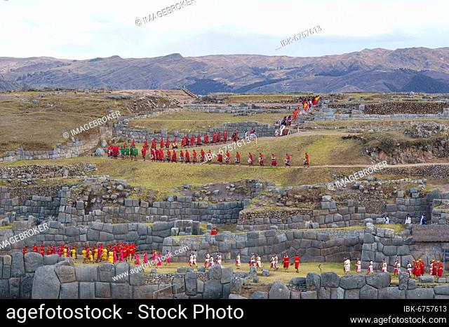 Inti Raymi, festival of the sun, festival area overview, ruins of the Inca Sacsayhuamán, Cusco, Peru, South America