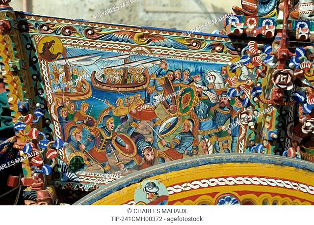 Italy, Sicily. Sicilian carro, detail. Traditional Painting