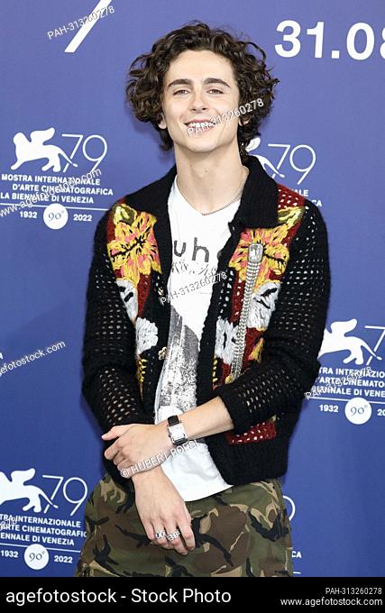 Timothee Chalamet poses at the photocall of 'Bones & All' during the 79th Venice International Film Festival at Palazzo del Casino on the Lido in Venice, Italy