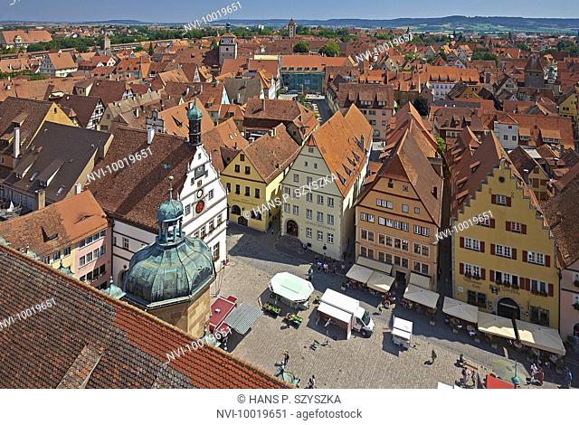 View from City Hall tower to Ratstrinkstube at the market place, Rothenburg ob der Tauber, Middle Franconia, Bavaria, Germany