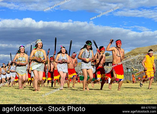 Inti Raymi, feast of the sun, performer of an Amazonian people, ruins of the Inca Sacsayhuamán, Cusco, Peru, South America