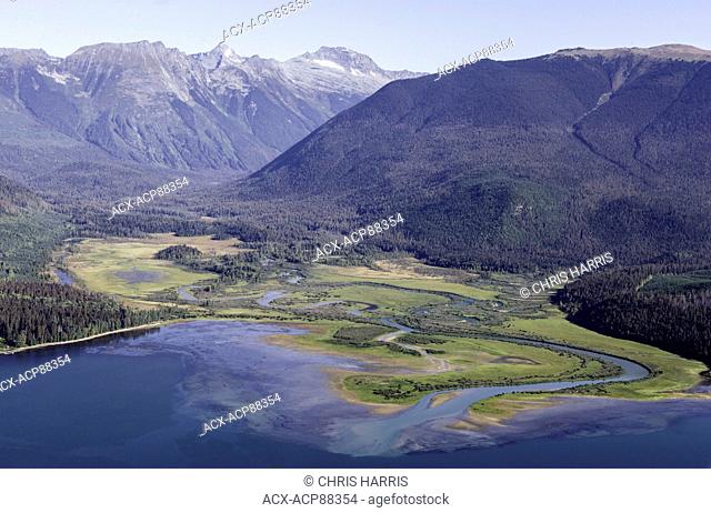 Canada, British Columbia, Cariboo region, aerial photography, Mitchell River delta, Quesnel Lake, riparian area, wetland, Cariboo Mountains, Interior rainforest