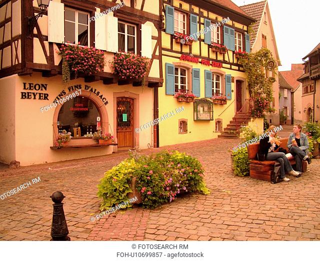 France, Europe, Alsace, Eguisheim, Haut-Rhin, L'Alsace Wine Region, Route du Vin, downtown, Vins Fins D'Alsace, wine shop, half-timbered buildings
