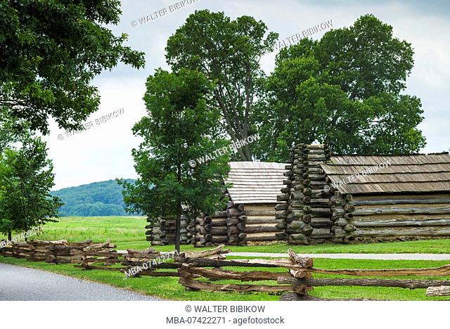 USA, Pennsylvania, King of Prussia, Valley Forge National Historical Park, Battlefield of the American Revolutionary War, Muhlenberg Brigade wooden cabins