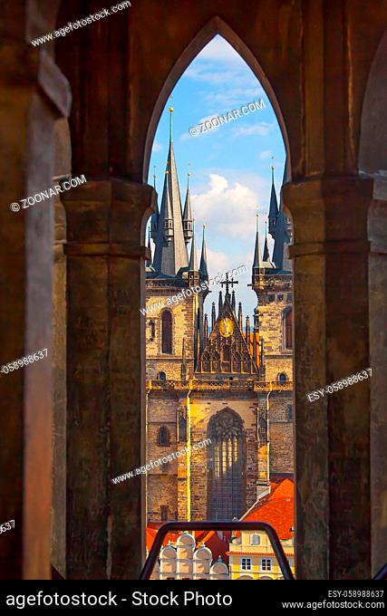 Church of Our Lady before Tyn through the lancet gothic window, Prague, Czech republic