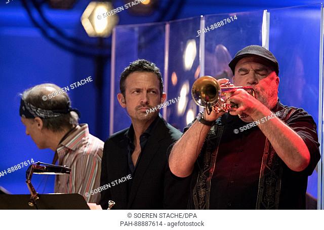 Musicians (l-r) Bill Evans (Miles Davis Band), Till Broenner and Randy Brecker perform during the concert of Man Doki and the Soulmates at the Konzerthaus at...