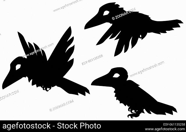 Small crow cartoon character black silhouettes actions set, vector illustration, horizontal, isolated, over white