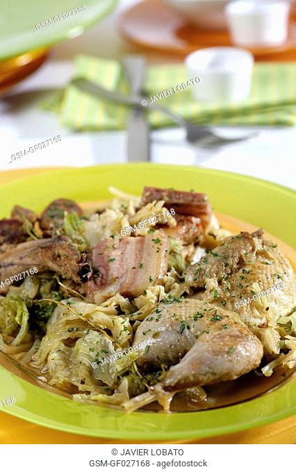 Forest rabbit and partridge with cabbage