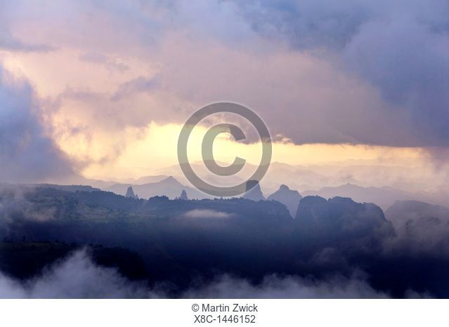 Landscape in the Simien Mountains National Park  Cloudscape ober the escaprment after a heavy thunderstorm during rainy season  The Simien Semien, Saemen