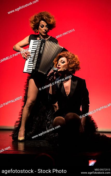 The drag queen duo Karma B, made up of Carmelo Pappalardo and Mauro Leonardi, perform for the first date of their tour Le Dive con qualcosa in più