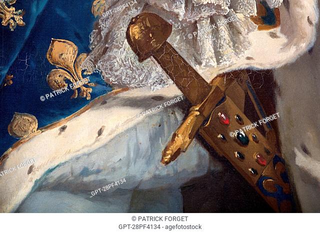 DETAIL OF THE SWORD 'JOYEUSE', REMINDER THAT THE KING IS THE CHIEF OF ARMIES, PORTRAIT OF LOUIS XIV 1638-1715, KING OF FRANCE, IN CORONATION COSTUME