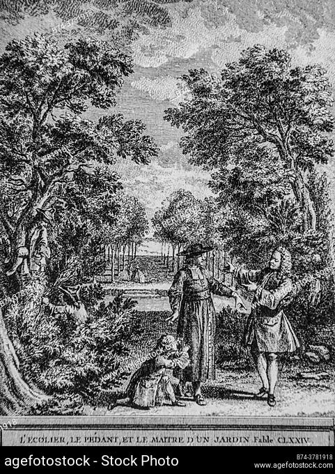 the schoolboy, the pedant, and the master of a garden, fables of the fountain, publisher talan, dier 1904, drawing by j. b. oudry