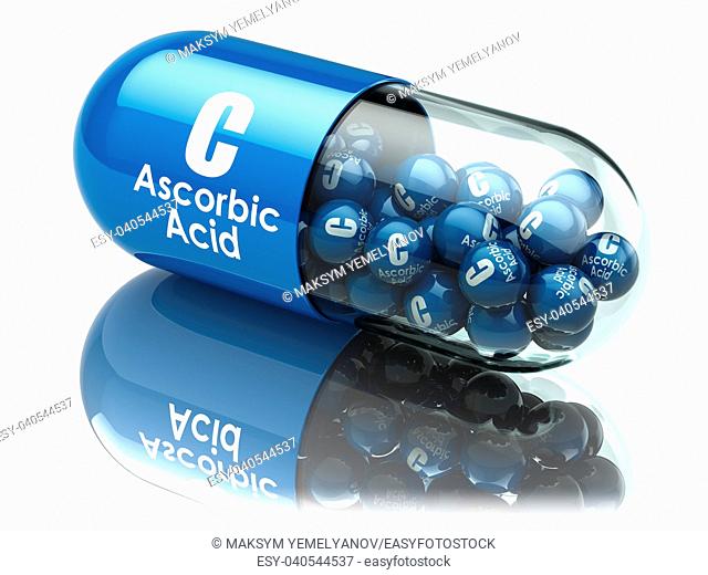 Vitamin C capsule or pill. Ascorbic acid. Dietary supplements. 3d illustration