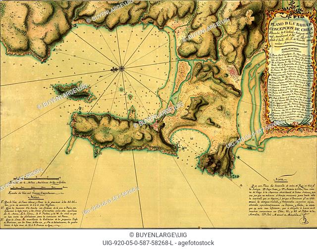 Plano de la Bahía de Concepción de Chile situada la ciudad antigua en latitud meridional de 36sup0/sup42'53' y en longitud de 303sup0/sup52'3' de Tenerife...