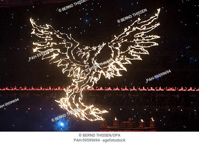 A firebird is seen at the Closing Ceremony at the Baku 2015 European Games in Baku, Azerbaijan, 28 June 2015. Photo: Bernd Thissen/dpa | usage worldwide