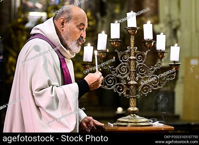 Priest Tomas Halik attends the Joint prayer of Christians, Jews and Muslims for peace in Holy Land, at St Salvator Church in Prague, Czech Republic, October 31